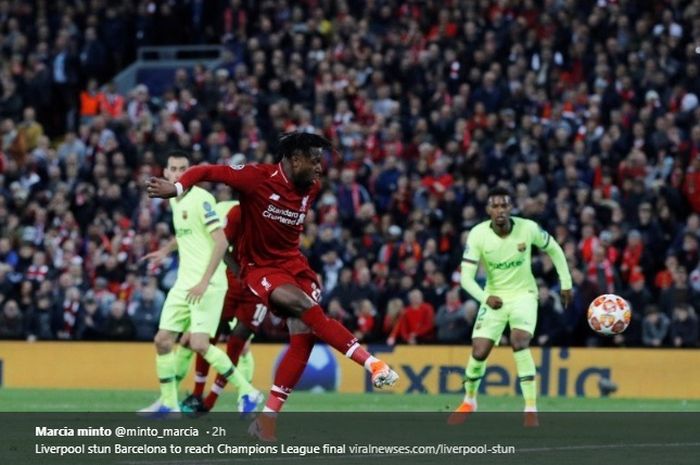 Penyerang Liverpool, Divock Origi, sukses mencetak gol keempat Liverpool