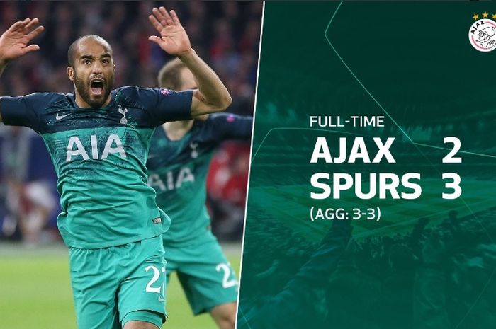 Striker Tottenham Hotspur, Lucas Moura, melakukan selebrais seusai mencetak gol ke gawang Ajax dalam leg kedua semifinal Liga Champions, Rabu (8/5/2019)