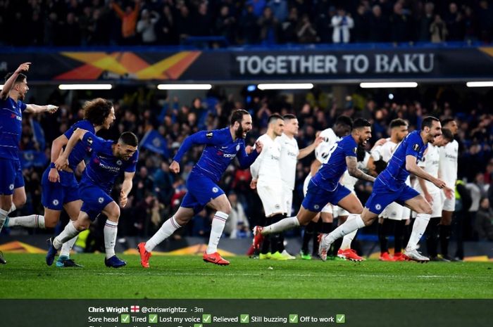 Para pemain Chelsea merayakan kesuksesan mereka lolos ke final Liga Europa usai mengalahkan Eintracht Frankfurt lewat adu penalti
