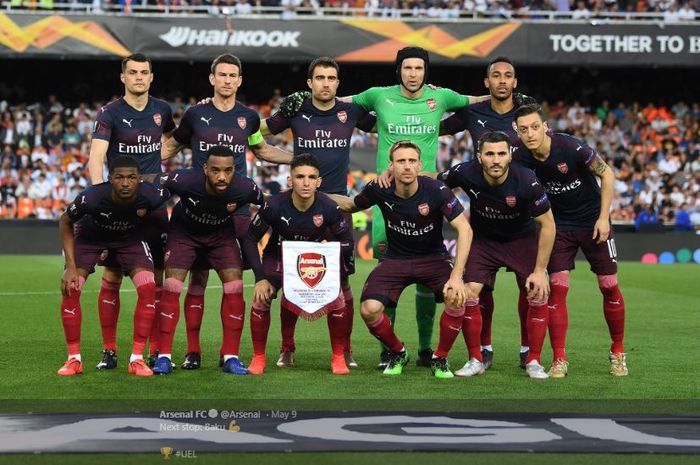 Para pemain Arsenal dalam laga leg kedua semifinal Liga Europa 2018-19 kontra Valencia di Stadion Mestalla, Kamis (9/5/2019).