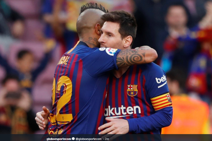 Selebrasi gol Arturo Vidal dan Lionel Messi saat Barcelona menghadapi Getafe pada pekan ke-37 Liga Spanyol 2018-2019, 13 Mei 2019.