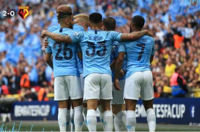 Para pemain Manchester City merayakan gol yang dicetak ke gawang Watford dalam laga final Piala FA di Stadion Wembley, Minggu (18/5/2019).