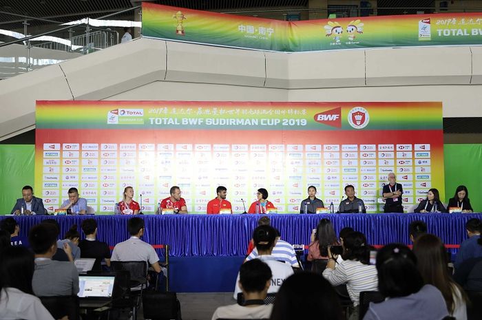 Suasana konferensi pers antara Denmark, India, dan Indonesia jelang Piala Sudirman 2019 di Guangxi Sports Center, Nanning, China, Sabtu (18/5/2019).