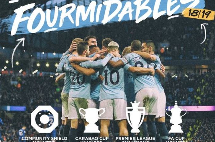 Akun Twitter resmi Manchester City mengunggah foto yang menampilkan prestasi The Citizens pada musim 2018-2019.
