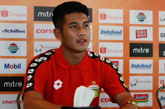 Bek Bhayangkara FC, I Putu Gede, saat sesi jumpa pers jelang lawan Bali United