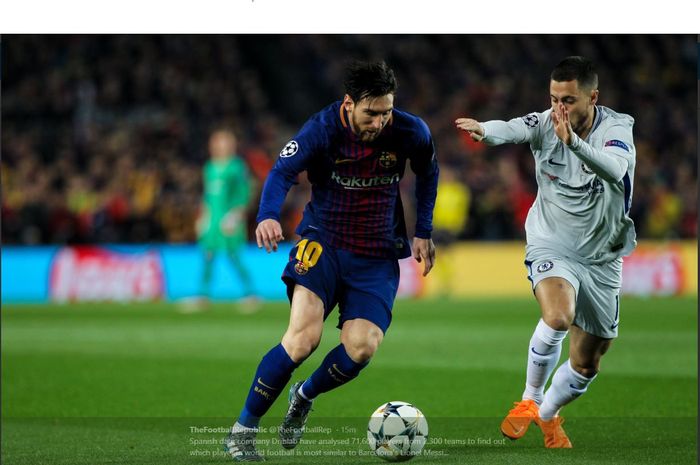 Lionel Messi (kiri) saat berduel dengan Eden Hazard dalam partai Barcelona kontra Chelsea di Liga Champions.