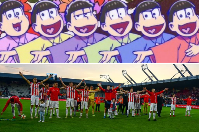 (Atas) Ilustrasi anak kembar enam pada anime Osomatsu-kun, dan (bawah) pemain KS Cracovia merayakan kemenangan di depan fan mereka. 