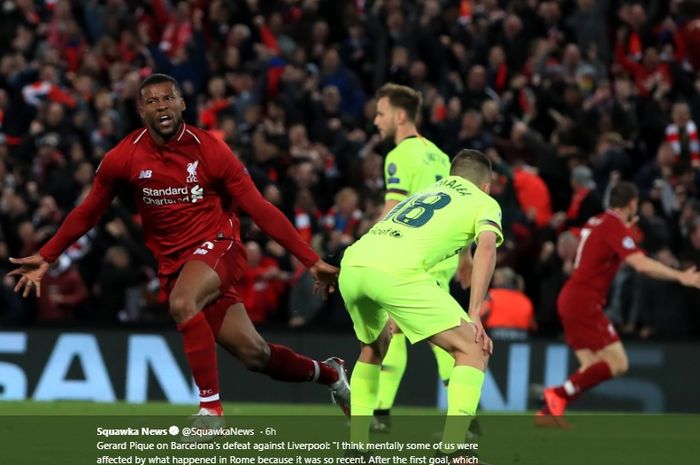 Giorginio Wijnaldum merayakan kelolosan Liverpool ke final Liga Champions usai mengalahkan Barcelona 4-0 pada leg kedua babak semifinal