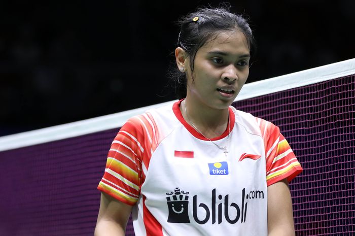 Pebulu tangkis tunggal putri Indonesia, Gregoria Mariska Tunjung, setelah tampil pada partai kedua Piala Sudirman 2019 melawan Tai Tzu Ying (Taiwan) di Guangxi Sports Center, Nanning, China, Jumat (24/5/2019).