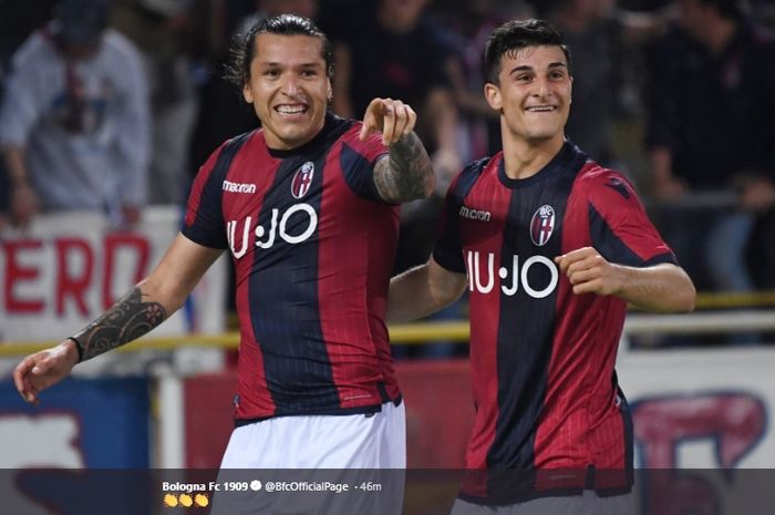 Selebrasi gol Federico Santander (kiri) saat pertandingan Bologna vs Napoli pada pekan ke-38 Liga Italia 2018-2019 di Stadion Renato Dall'Ara, 25 Mei 2019.