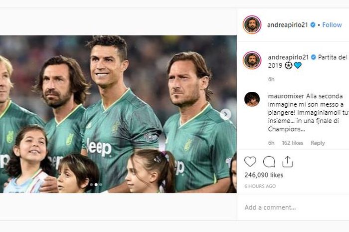 Tiga pemain top yakni Francesco Totti, Andrea Pirlo, serta Cristiano Ronaldo  kala melakoni laga amal Stadion Allianz, Turin, Senin (27/5/2019) malam waktu setempat.