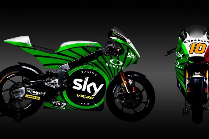 Tampilan motor yang akan dipakai tim balap Valentino Rossi, Sky Racing Team VR46, pada ajang Moto2 dan Moto3 Italia 2019 di Sirkuit Mugello, 31 Mei-2 Juni.