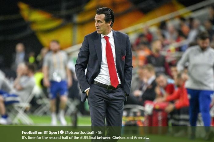 Ekspresi pelatih asal Spanyol, Unai Emery, saat masih melatih Arsenal.