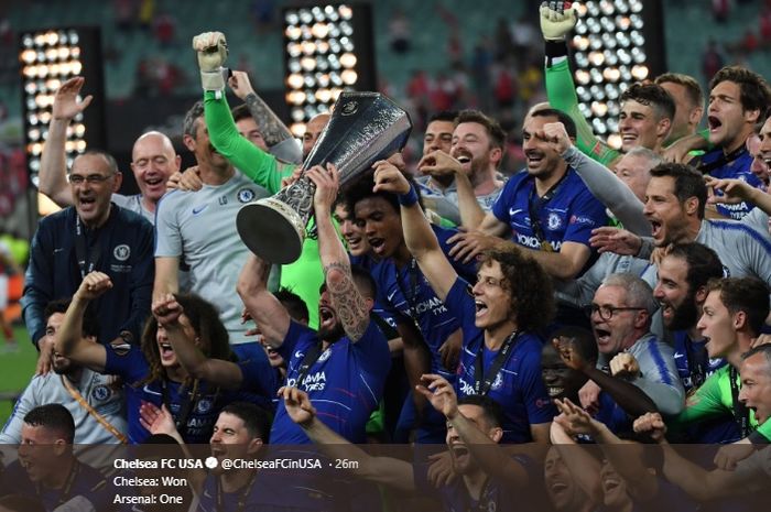Chelsea sukses memenangkan trofi Liga Europa usai mengalahkan Arsenal 4-1 pada pertandingan final di Stadion Baku, Azerbaijan, Rabu (29/5/2018)