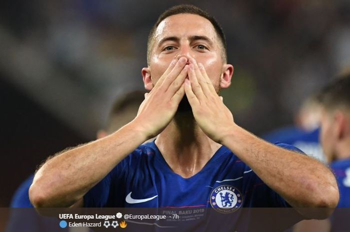 Bintang Chelsea, Eden Hazard, merayakan golnya dalam final Liga Europa kontra Arsenal, 29 Mei 2019 di Stadion Olimpiade Baku, Azerbaijan.