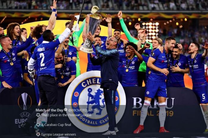 Pelatih Chelsea, Maurizio Sarri, bersama para pemainnya merayakan trofi Liga Europa setelah mengalahkan Arsenal 4-1 di Stadion Olimpiade Baku, Azerbaijan, 29 Mei 2019.