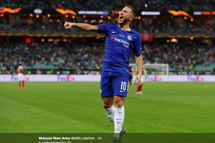 Winger Chelsea, Eden Hazard melakukan selebrasi usai menjebol gawang Arsenal pada final Liga Europa di Stadion Baku, Azerbaijan, Rabu (29/5/2019).