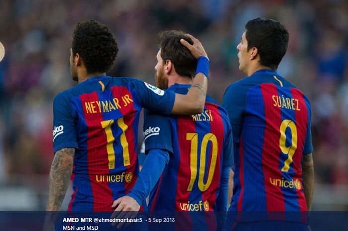Trio MSN Barcelona yang diisi oleh Lionel Messi, Luis Suarez, dan Neymar Jr