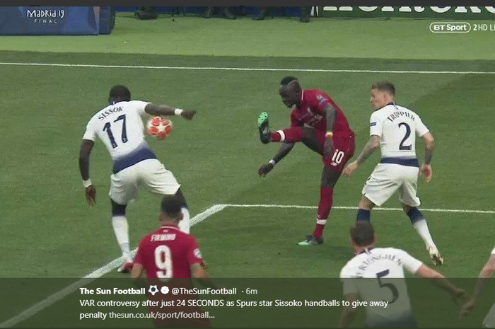 Moussa Sissoko dinilai melakukan hands ball pada laga final Liga Champions antara Tottenham Hotspur vs Liverpool