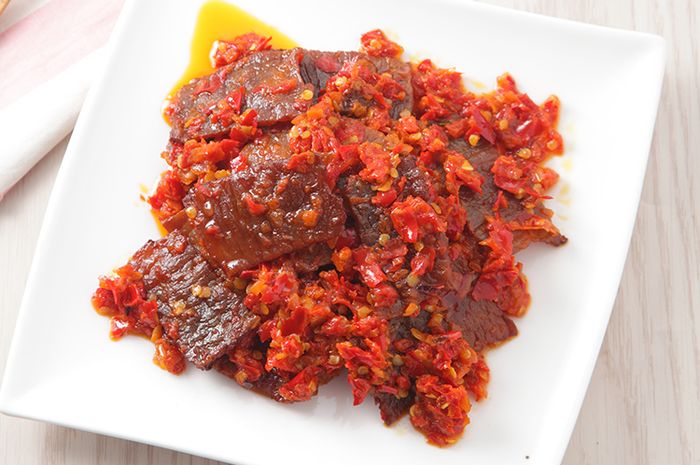 Dendeng Balado (Padangnese spicy beef jerky), delectable dish with three different flavors on every bite.