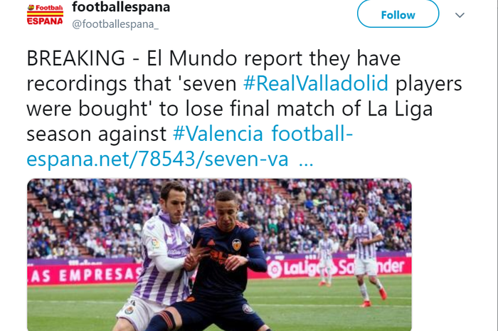Sebanyak 7 pemain Valladolid disuap dalam laga melawan Valencia di pekan terakhir Liga Spanyol 2018-2019, 18 Mei 2019.