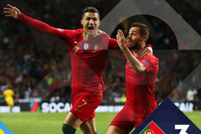 Megabintang timnas Portugal, Cristiano Ronaldo (kiri), merayakan gol yang dicetak ke gawang timnas Swiss dalam laga semifinal UEFA Nations League di Estadio do Dragao, Rabu (5/6/2019).