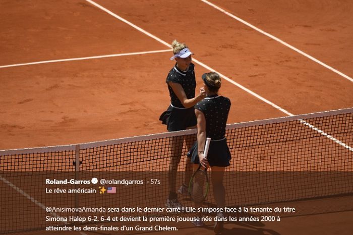 Momen saat Amanda Anisimova (topi putih) menjabat tangan Simona Halep seusai menjalani laga perempat final French Open 2019, Kamis (6/6/2019)