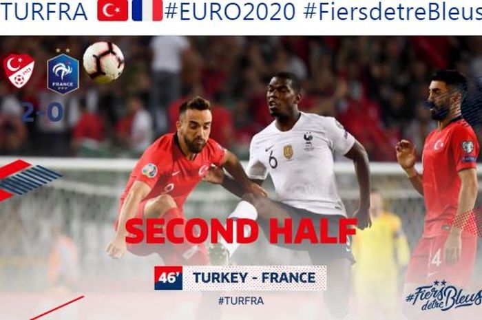 Gelandang timnas Prancis, Paul Pogba (6), beraksi dalam laga Grup H Kualifikasi Euro 2020 melawan timnas Turki di Stadion Konya Buyuksehir Belediyesi, Sabtu (8/6/2019).