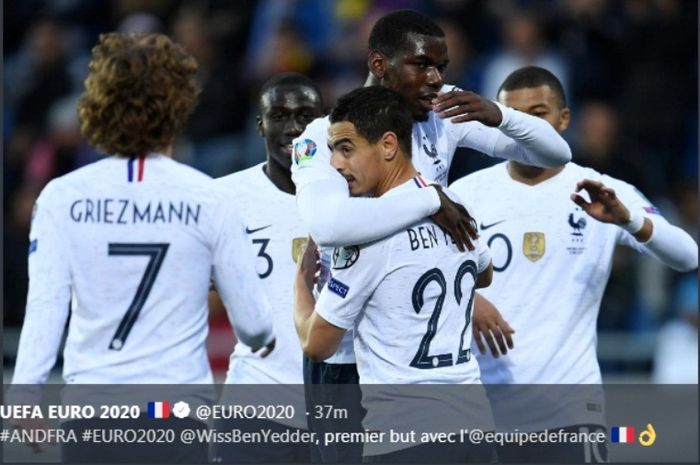 Timnas Prancis merayakan kemenangan atas Andorra pada laga keempat Kualifikasi Piala Eropa 2020, Selasa (11/6/2019).