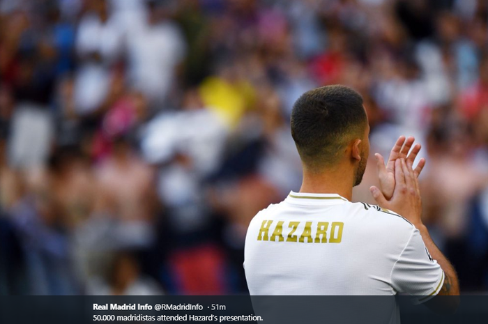 Sebanyak 50 ribu penonton hadir saat Eden Hazard diperkenalkan sebagai pemain baru Real Madrid di Stadion Santiago Bernabeu, Kamis (13/6/2019).