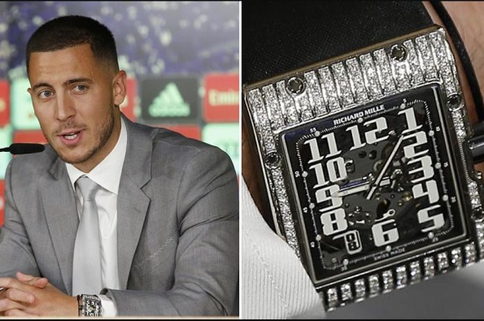 Pemain baru Real Madrid, Eden Hazard mengenakan jam tangan mewah Richard Mille seharga Rp1 miliar lebih saat koneferensi pers pengenalan.