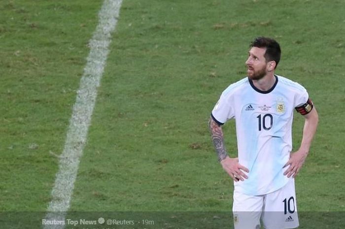 Ekspresi Lionel Messi saat pertandingan Argentina vs Kolombia pada babak penyisihan Grup B Copa America 2019 di Stadion Fonte Nova, 15 Juni 2019.