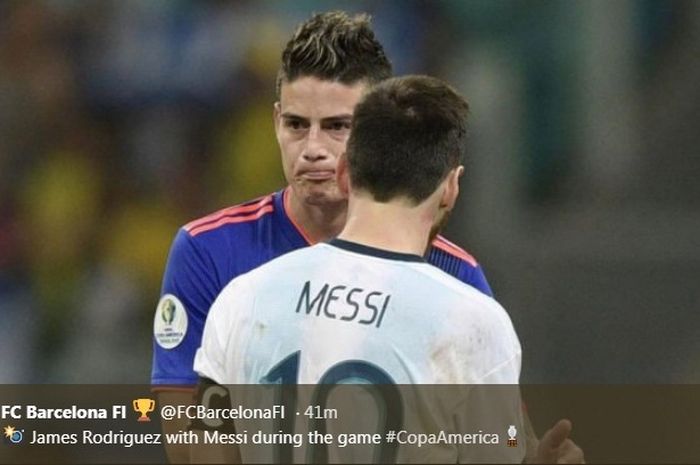Lionel Messi dan James Rodriguez dalam pertandingan Argentina versus Kolombia pada Copa America, Minggu (16/6/2019) pagi WIB.
