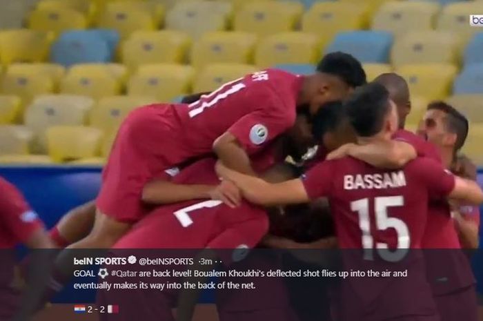 Gelandang Qatar, Boualem Khoukhi, mencetak gol dalam laga Grup B Copa America 2019, 16 Juni 2019 di Stadion Jornalista Mario Filho.