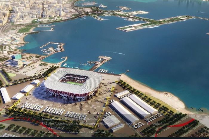 Desain Stadion Ras Abu Aboud dengan latar belakang kota sebagai salah satu arena tuan rumah Piala Dunia 2022 di Qatar.