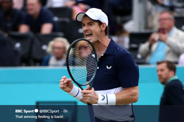 Petenis Britania Raya, Andy Murray, saat melakoni laga comeback di nomor ganda putra bersama Feliciano Lopez (Spanyol), pada Queen's Club Championships 2019, di London, Kamis (20/6/2019).
