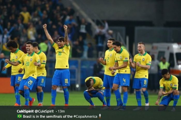 Timnas Brasil lolos ke semifinal Copa America 2019 setelah menyingkirkan timnas Paraguay lewat adu penalti pada babak perempat final di Stadion Porto Alegre, Jumat (28/6/2019)