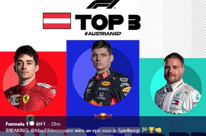 (dari ki-ka) Charles Leclerc, Max Vertappen, dan Valtteri Bottas melengkapi komposisi peraih podium F1 GP Austria 2019, Minggu (30/6/2019).