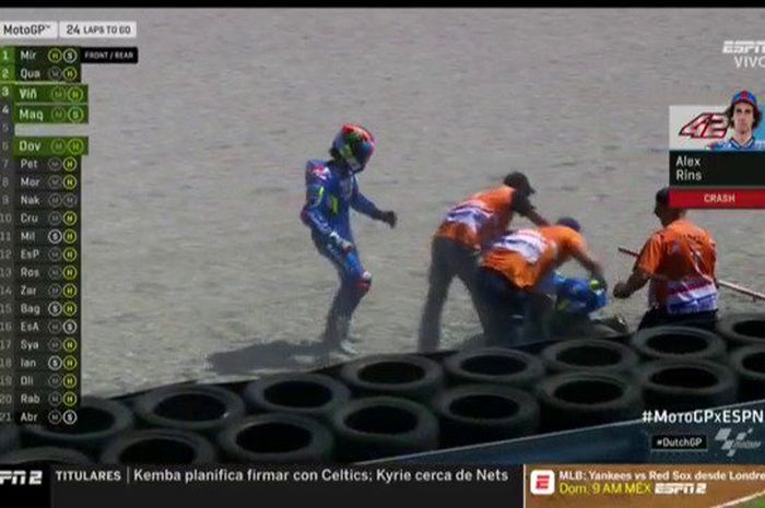 Rider Suzuki Alex Rins terjatuh pada lap-lap awal MotoGP Belanda 2019.