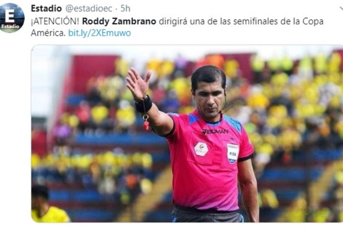 Roddy Zambrano, wasit asal Ekuador yang memimpin laga timnas Brasil versus Argentina pada semifinal Copa America 2019.