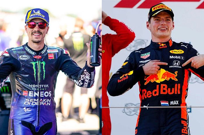 Maverick Vinales (kiri) dan Max Verstappen (kanan) sama-sama berhasil meraih kemenangan pada ajang yang mereka ikuti pada Minggu (30/6/2019)