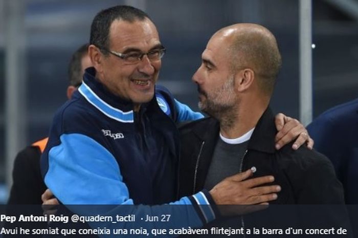 Pep Guardiola dan Maurizio Sarri saling memberi sapaan hangat kala mereka berjumpa pada Liga Champions musim 2017-2018