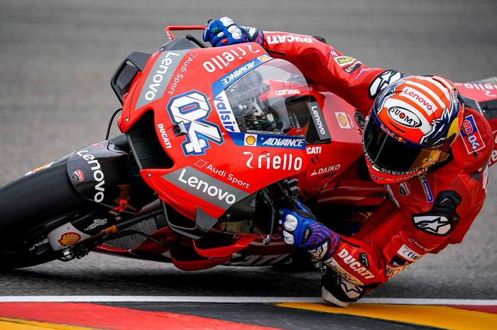 Aksi Andrea Dovizioso (Mission Winnow Ducati) kala tampil pada salah satu sesi MotoGP Jerman 2019 yang digelar Sabtu (6/7/2019)