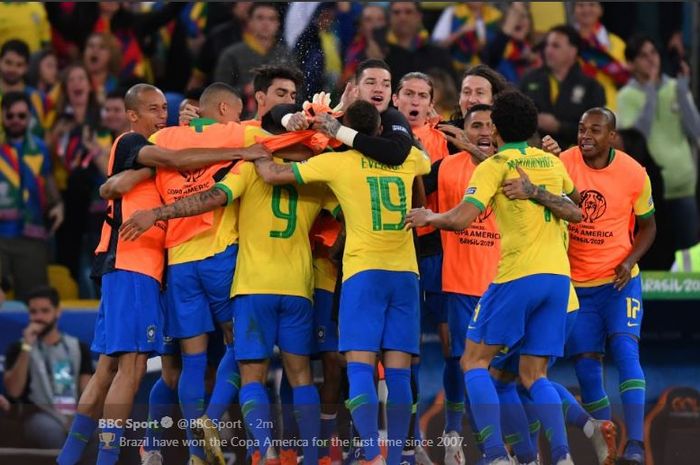 Timnas Brasil juara Copa America 2019 setelah menekuk Peru pada final di Maracana, Rio de Janeiro, 7 Juli 2019.