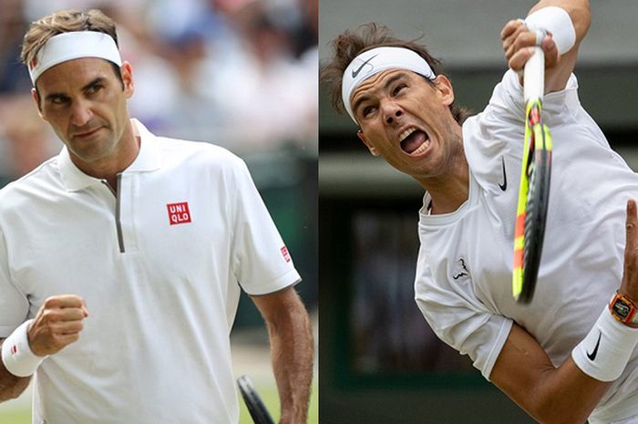 Laga antara Roger Federer (kiri) kontra Rafael Nadal (kanan) bakal tersaji pada semifinal Wimbledon 2019 yang dijadwalkan berlangsun Jumat (12/7/2019)