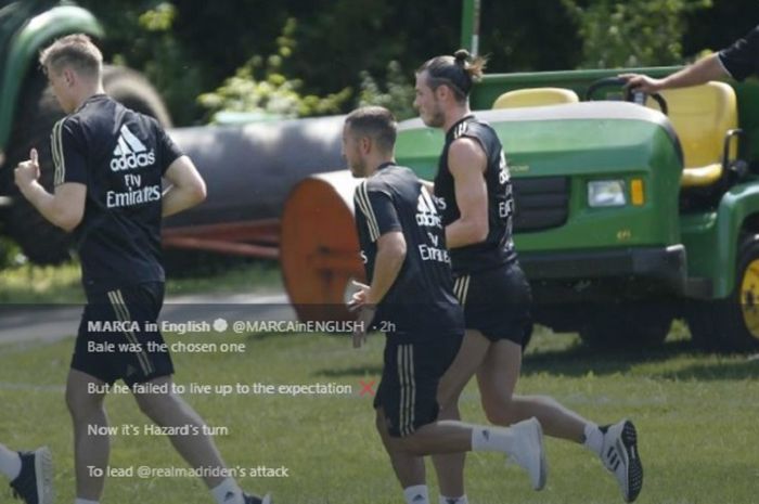 Eden Hazard dan Gareth Bale berlari bersama saat menjalani latihan pramusim Real Madrid di Montreal, Kanada, 10 Juli 2019.