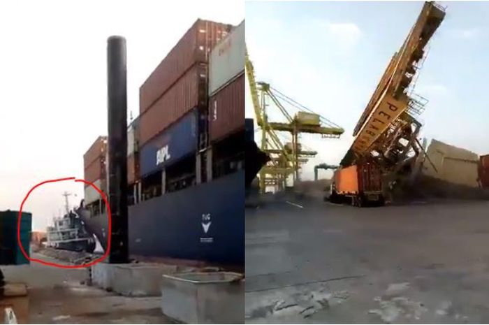 Video detik-detik kapal kontainer tabrak terminal peti kemas pelabuhan Tanjung Emas. Twitter @tjuktjukseto