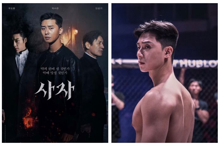 Kolase foto Park Seo Joon pamer abs dan poster film The Divine Fury.