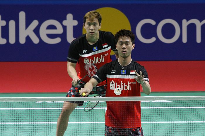 Pasangan ganda putra Indonesia, Marcus Fernaldi Gideon/Kevin Sanjaya Sukamuljo, tampil pada babak kedua Indonesia Open 2019 di Istora Senayan, Jakarta, Kamis (18/7/2019).