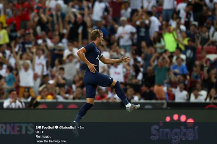 Harry Kane melakukan selebrasi usai mencetak gol kemenangan Tottenham Hotspur pada menit ke-90+3 atas Juventus dalam turnamen International Champions Cup 2019.